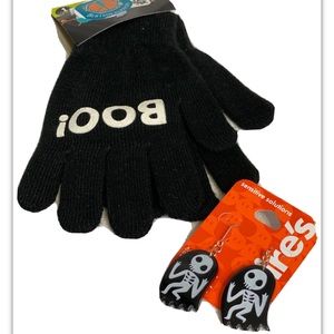 Ladies Gloves Halloween Black Boo Knit Stretch with Skeleton Earrings